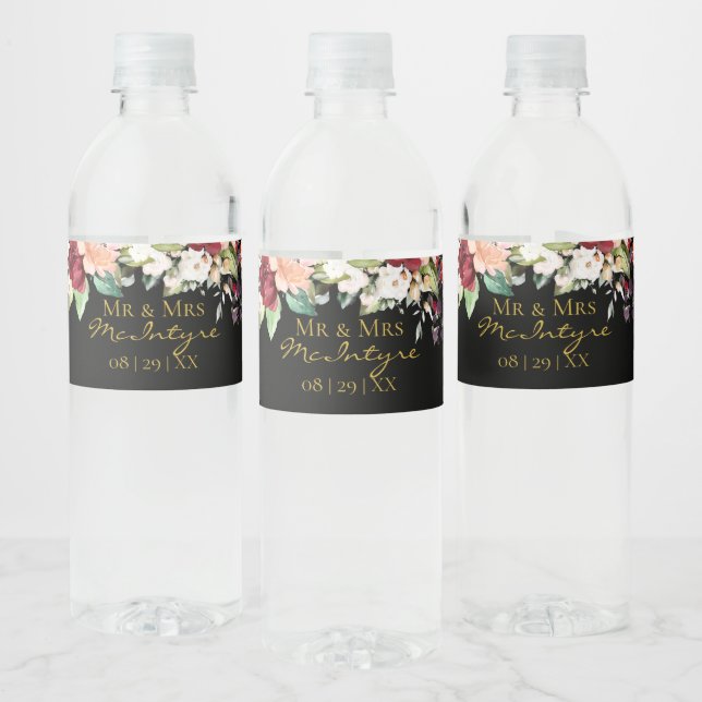 Étiquette Pour Bouteilles D'eau Elégant Black Gold Burgundy Blush Floral Mr & Mrs. (Bouteilles)