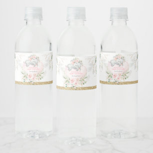 Étiquette Pour Bouteilles D'eau Elégant Bleu Gold Floral Baby Douche à éléphan