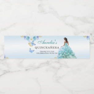 Étiquette Pour Bouteilles D'eau Elégant Blush Blue Floral Quinceañera Anniversaire