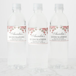 Étiquette Pour Bouteilles D'eau Elégant Blush rose Floral Quinceañera Anniversaire