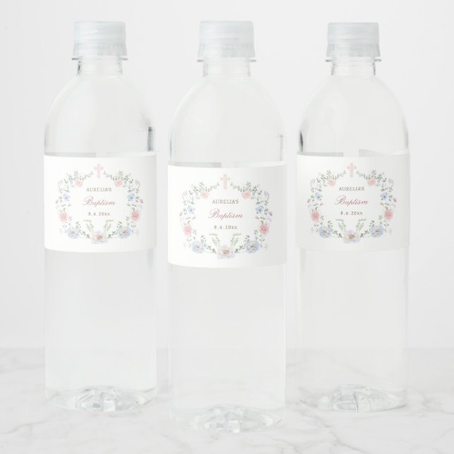 Étiquette Pour Bouteilles D'eau Élégant cadre floral Baptême (Bouteilles)