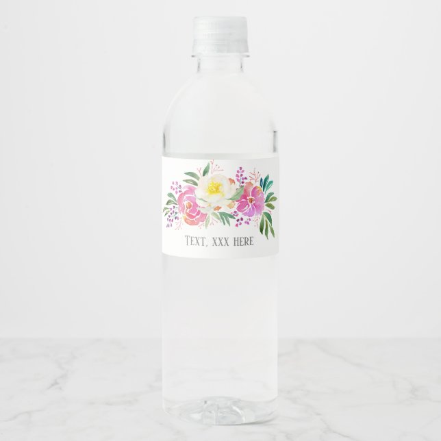 Étiquette Pour Bouteilles D'eau élégant, fleurs de printemps rose (Devant)