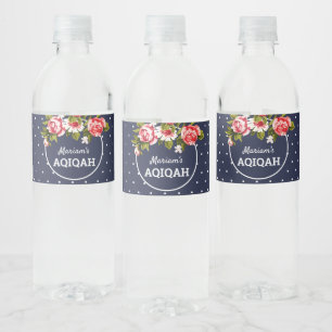 Étiquette Pour Bouteilles D'eau Élégant floral bébé fille Aqiqah bleu de minuit