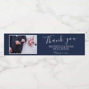 Étiquette Pour Bouteilles D'eau Elégant Mariage bleu marine Merci photo