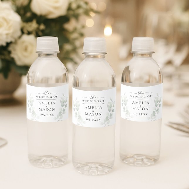 Étiquette Pour Bouteilles D'eau Élégant Mariage Botanique à l'Eucalyptus (Elegant Botanical Eucalyptus Wedding Water Bottle Label)