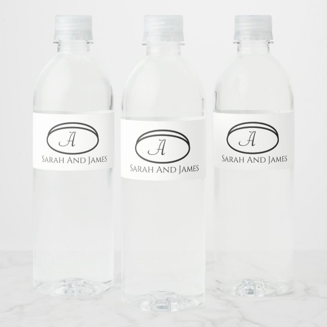 Étiquette Pour Bouteilles D'eau Élégant Mariage de monogramme noir et blanc (Bouteilles)