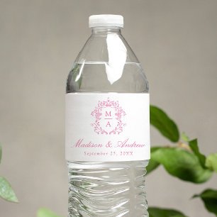 Étiquette Pour Bouteilles D'eau Élégant Mariage Monogramme Crête Chinoiserie Rose
