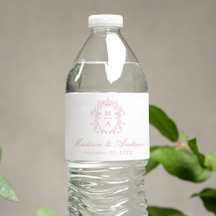 Étiquette Pour Bouteilles D'eau Élégant Mariage Monogramme Crête Chinoiserie Rose