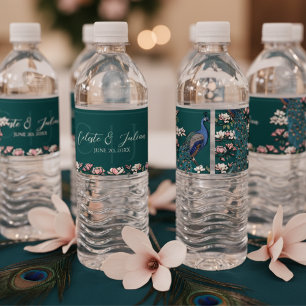 Étiquette Pour Bouteilles D'eau Élégant Mariage Turquoise de Peacock Floral