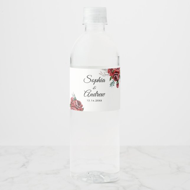 Étiquette Pour Bouteilles D'eau Élégant Marsala Rouge Rose Rustique Mariage (Devant)