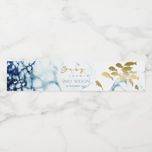ÉTIQUETTE POUR BOUTEILLES D'EAU ÉLÉGANT NAVY OR BLEU MARINE POISSON BÉBÉ SHOWER (Étiquettes simples)