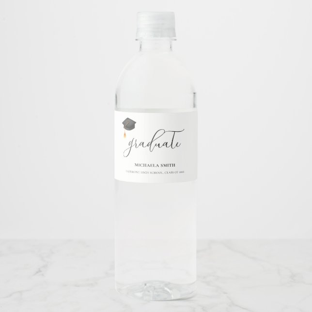 Étiquette Pour Bouteilles D'eau Élégant noir de diplôme de la casquette Script lyc (Devant)