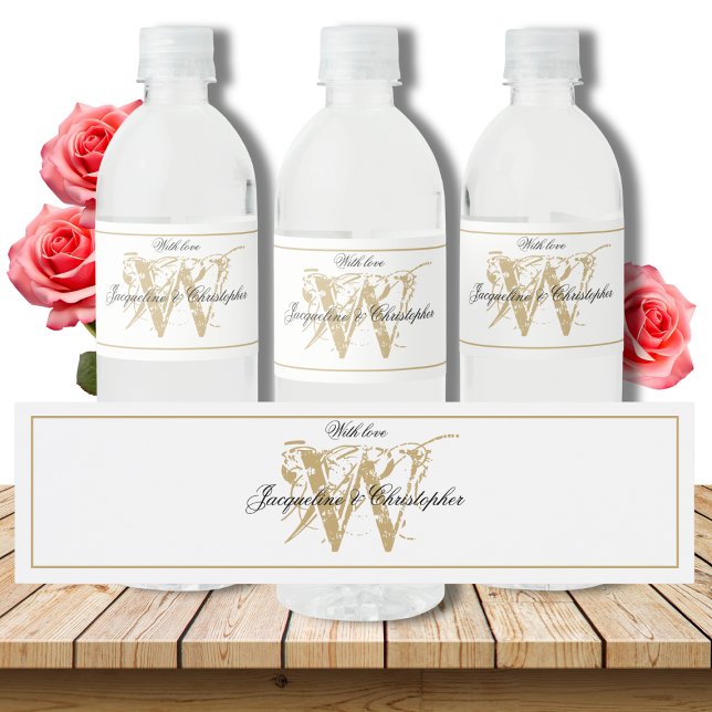Étiquette Pour Bouteilles D'eau Élégant Noms Monogrammes Chic Mariage Blanc & Or (Elegant White, Gold & Black  Wedding Water Bottle Label)