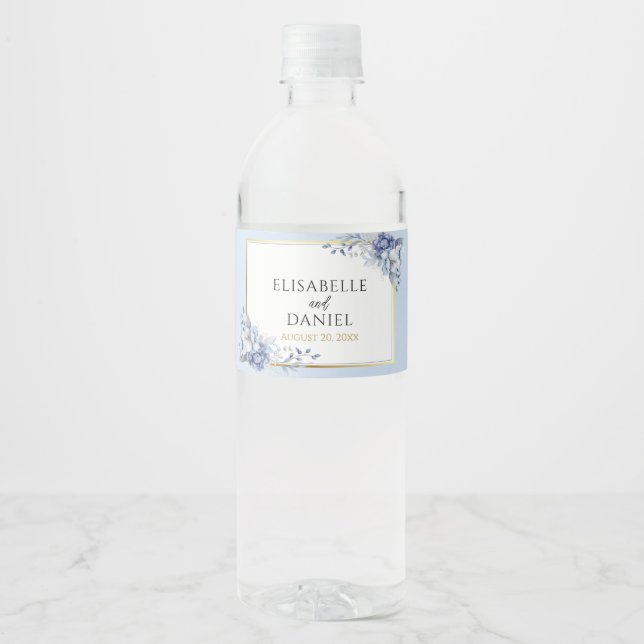 Étiquette Pour Bouteilles D'eau Élégant poudre bleu et or Mariage floral (Devant)