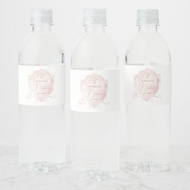 Étiquette Pour Bouteilles D'eau Élégant rose Aquarelle Crest Baptême (Bouteilles)