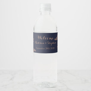 Étiquette Pour Bouteilles D'eau Elégant Rose bleu marine et Mariage or Faux