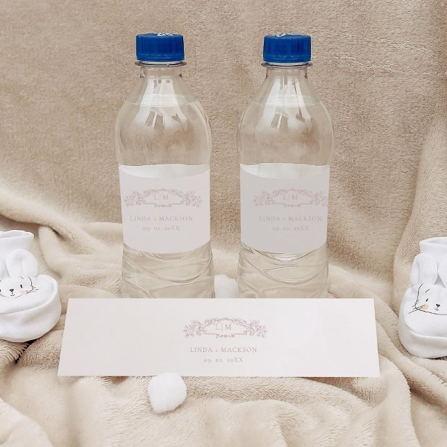 Étiquette Pour Bouteilles D'eau Élégant Rose mariage de monogramme de crête botani (Créateur téléchargé)