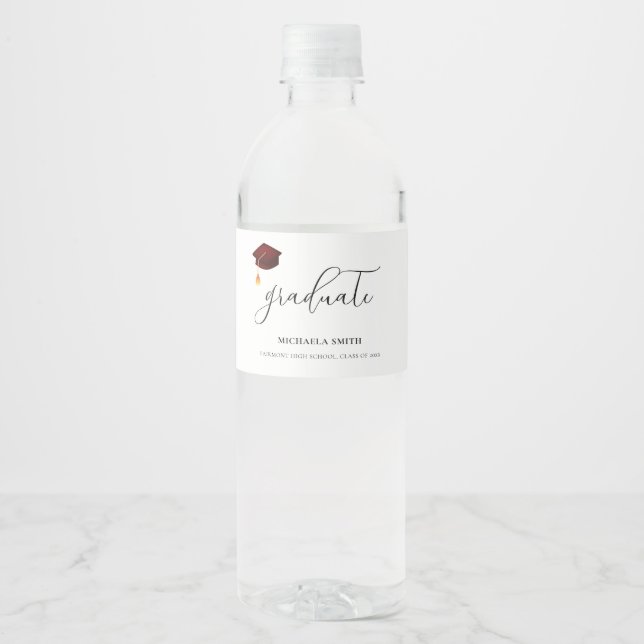 Étiquette Pour Bouteilles D'eau Élégant Script Maroon Lycée Graduate (Devant)
