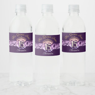 Étiquette Pour Bouteilles D'eau Elégant violet et or Quinceañera espagnol