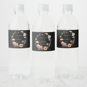 Étiquette Pour Bouteilles D'eau Elégant Whimsical Fleur sauvage noir Mariage