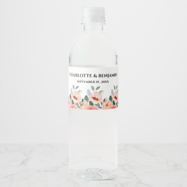 Étiquette Pour Bouteilles D'eau Elégante aquarelle Mariage floral romantique (Devant)