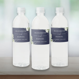 Étiquette Pour Bouteilles D'eau Élégante Florale de Verdure Bleu Marine Mariage
