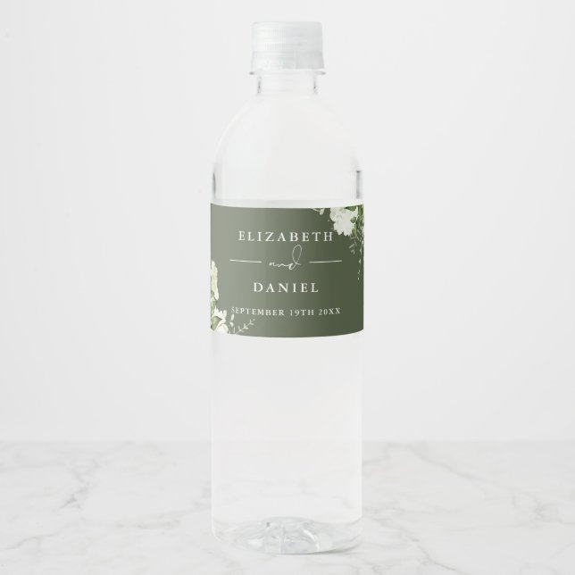 Étiquette Pour Bouteilles D'eau Élégante flore verdure vert olive mariage (Devant)