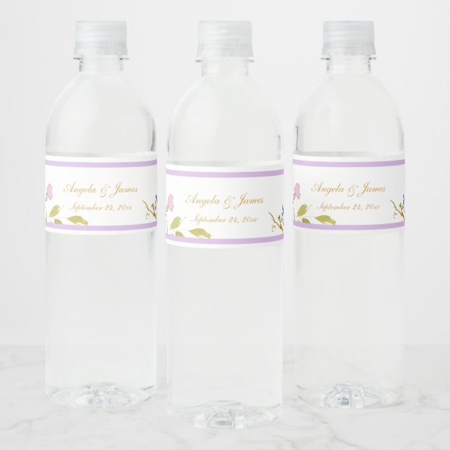 Étiquette Pour Bouteilles D'eau Elégante Lavande or Aquarelle Mariage floral (Bouteilles)