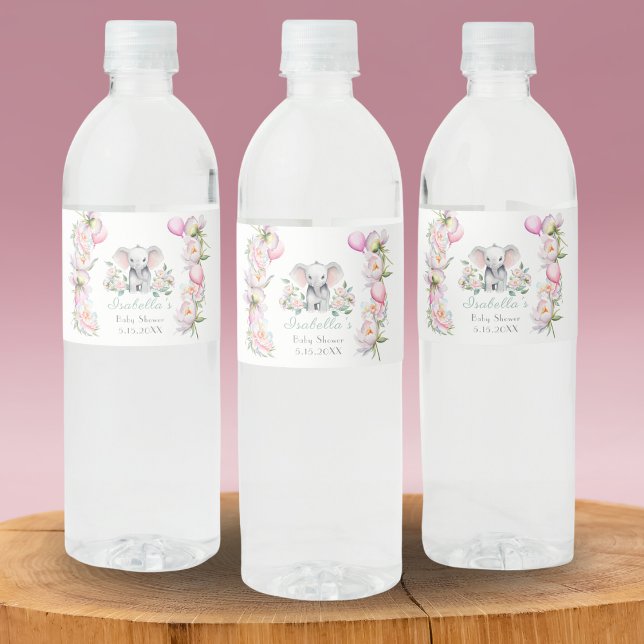 Étiquette Pour Bouteilles D'eau Eléphant Bébé avec pivoines et ballons Merci (Hand out water bottles with this adorable baby Elephant label.)