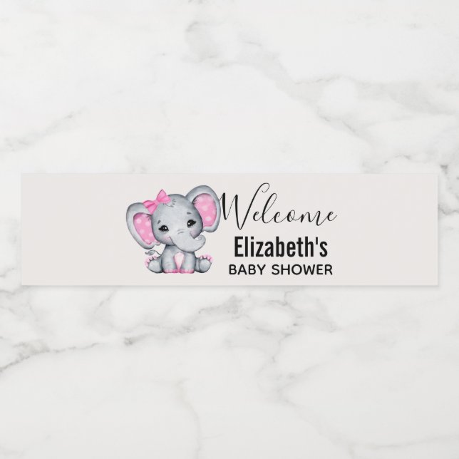 Étiquette Pour Bouteilles D'eau Eléphant de bébé rose mignon avec oreilles Poka Do (Étiquettes simples)
