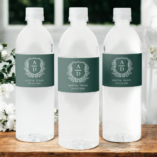 Étiquette Pour Bouteilles D'eau Emerald Green Monogram Mariage Floral Crest