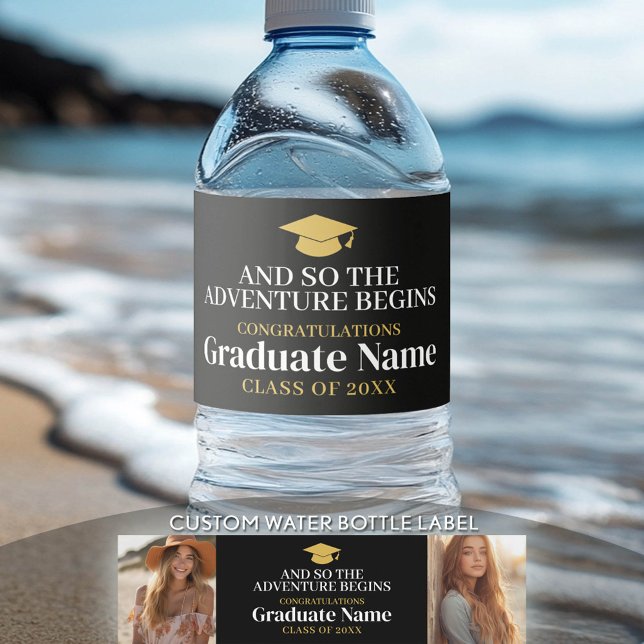 Étiquette Pour Bouteilles D'eau Et Donc Aventure Attend Moderne Graduation 2 Photo (Custom Graduation Water Bottle Label)