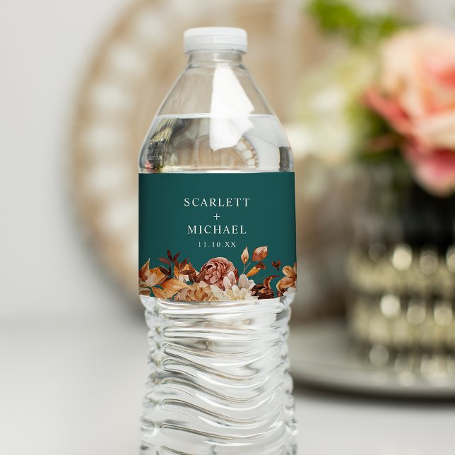 Étiquette Pour Bouteilles D'eau Étiquette de Bouteille d'Eau de Cascade de Teal (Teal Fall Floral Water Bottle Label by Painted Paperie
)