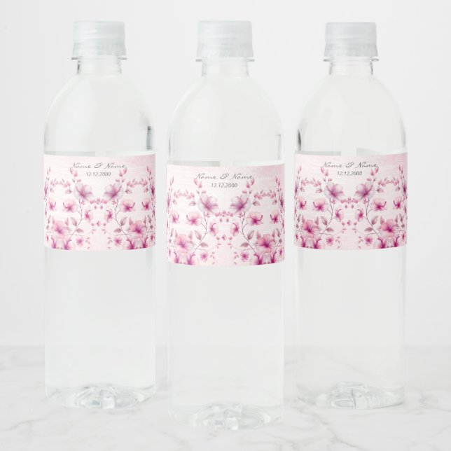 Étiquette Pour Bouteilles D'eau Étiquette de bouteille d'eau Fleurs roses à l'aqua (Bouteilles)