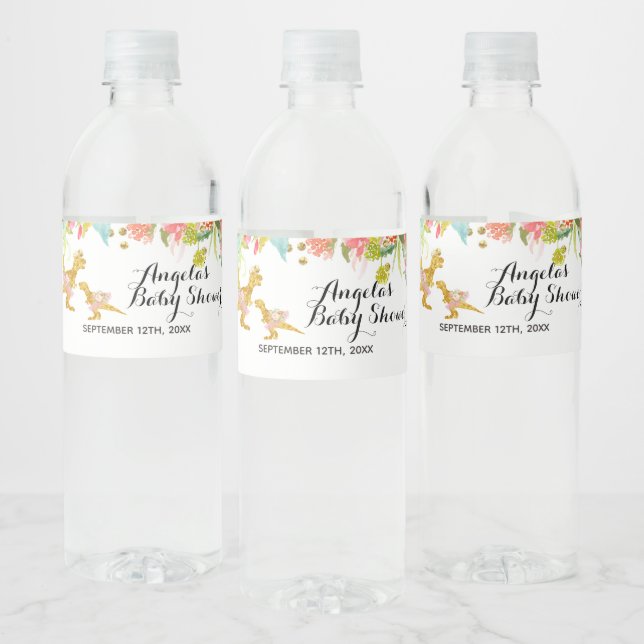 Étiquette Pour Bouteilles D'eau Étiquette de bouteille d'eau rose or Dino fille (Bouteilles)