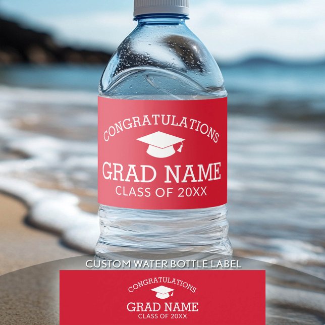 Étiquette Pour Bouteilles D'eau Félicitations Graduate Graduate Cap rouge blanc (Custom Graduation Water Bottle Label)