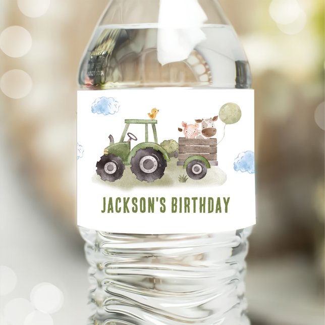 Étiquette Pour Bouteilles D'eau Ferme de tracteur aquarelle 1er anniversaire (Créateur téléchargé)