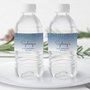 Étiquette Pour Bouteilles D'eau Fête d'anniversaire 21 ans Chic Blue Glitter Drip