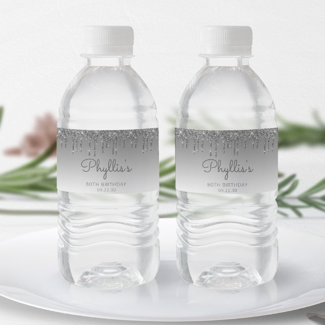 Étiquette Pour Bouteilles D'eau Fête d'anniversaire 80 ans Chic Silver Glitter Dri (Créateur téléchargé)