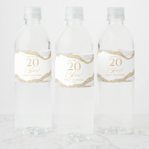 Étiquette Pour Bouteilles D'eau Fête d'anniversaire de 20 ans élégante en or blanc