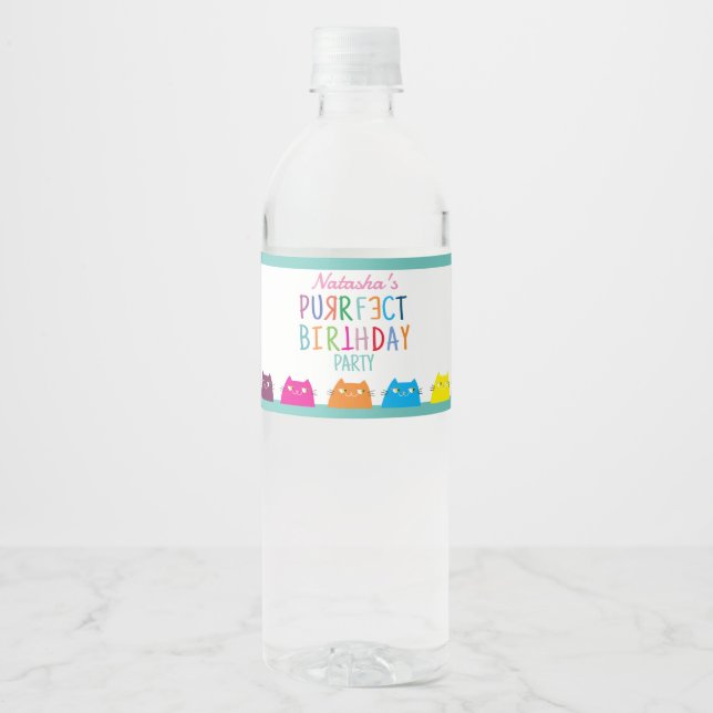 Étiquette Pour Bouteilles D'eau Fête d'anniversaire de fille chat (Devant)