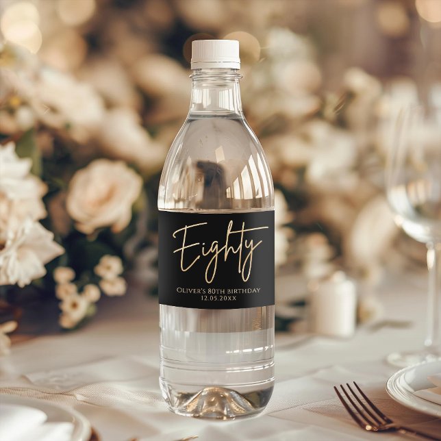 Étiquette Pour Bouteilles D'eau Fête d'anniversaire des 80 ans Élégant Noir Or (Elegant Black Gold 80th Birthday Party Water Bottle Label)