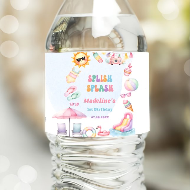Étiquette Pour Bouteilles D'eau Fête d'anniversaire Editable Été Splish Splash (Créateur téléchargé)