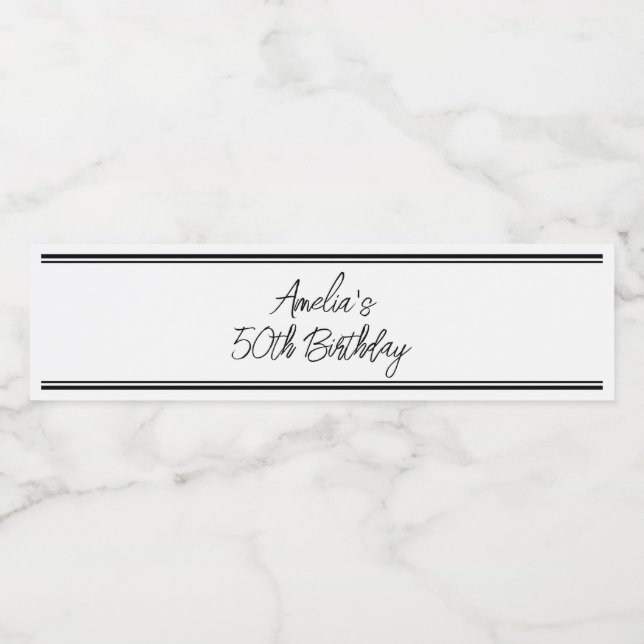 Étiquette Pour Bouteilles D'eau Fête d'anniversaire moderne blanche et noire (Étiquettes simples)