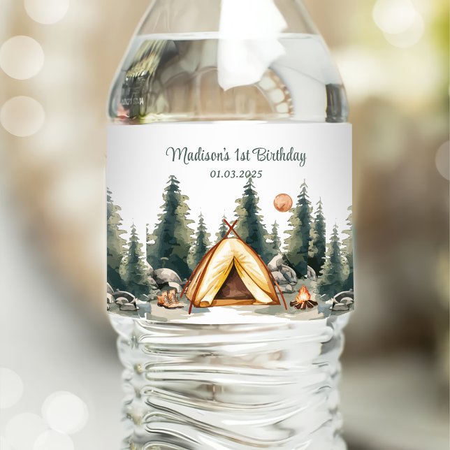 Étiquette Pour Bouteilles D'eau Fête d'anniversaire rustique de Camping Mountain (Créateur téléchargé)