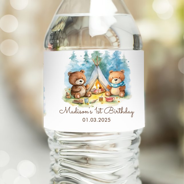 Étiquette Pour Bouteilles D'eau Fête d'anniversaire rustique de Camping Mountain (Créateur téléchargé)
