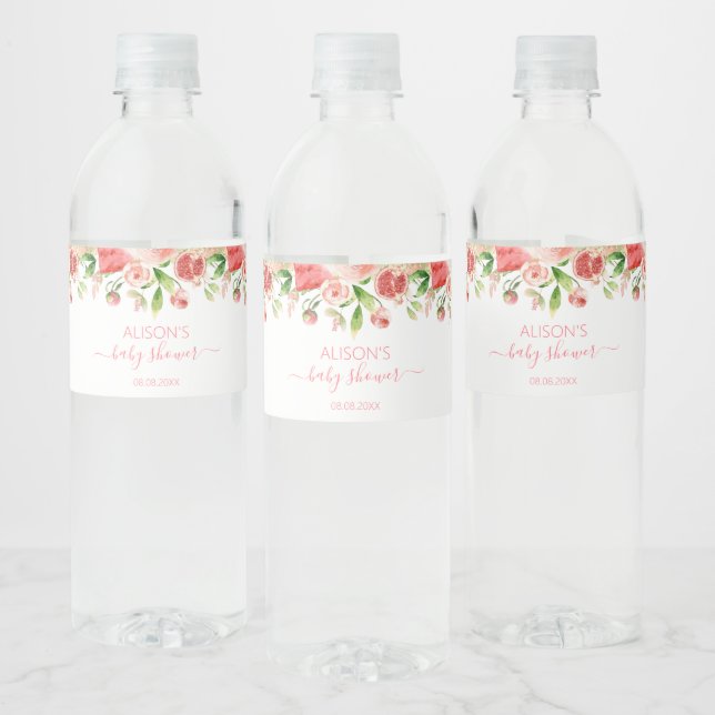 Étiquette Pour Bouteilles D'eau Fête de bébé fille à la verdure florale rose rose (Bouteilles)