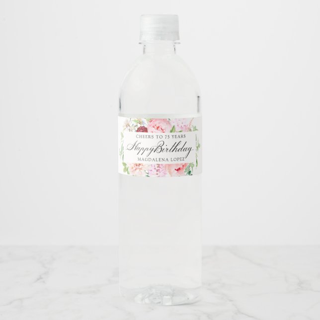 Étiquette Pour Bouteilles D'eau Fête des 75 ans Fleur de Paon Rose (Devant)