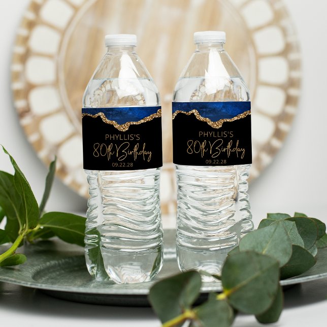 Étiquette Pour Bouteilles D'eau Fête des 80 ans Bleu Nuit Agate Dorée (Créateur téléchargé)