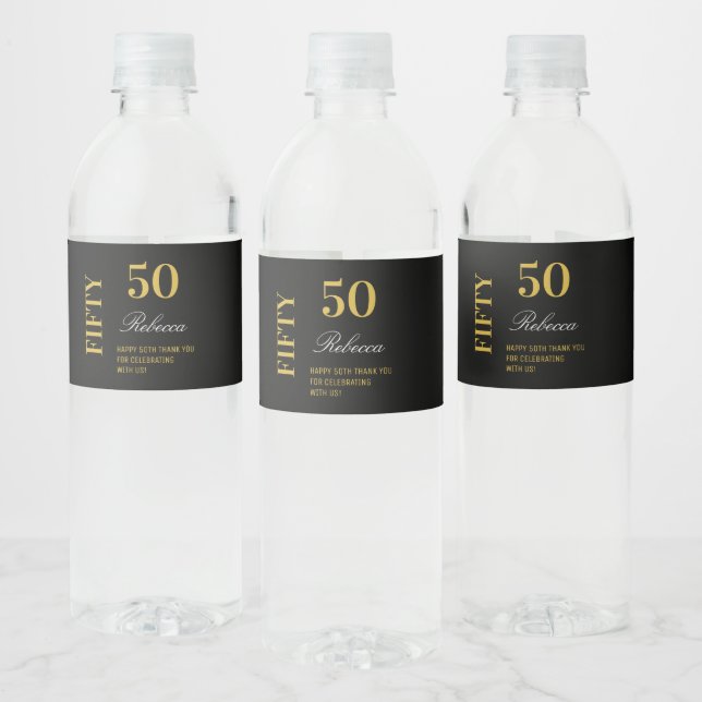 Étiquette Pour Bouteilles D'eau Fête du 50e anniversaire minimal moderne Noir et O (Bouteilles)